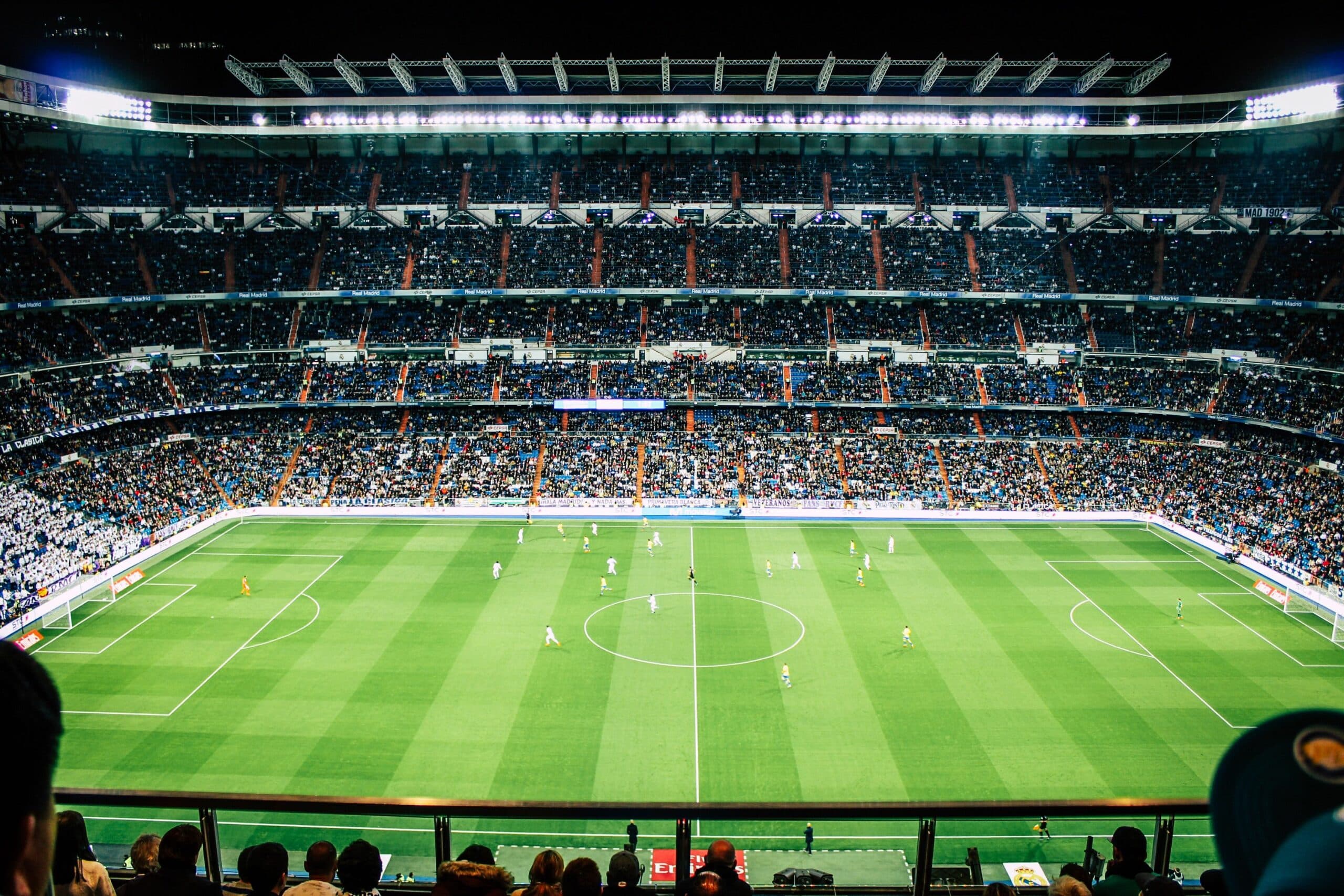 zoomed out view of soccer game at big stadium